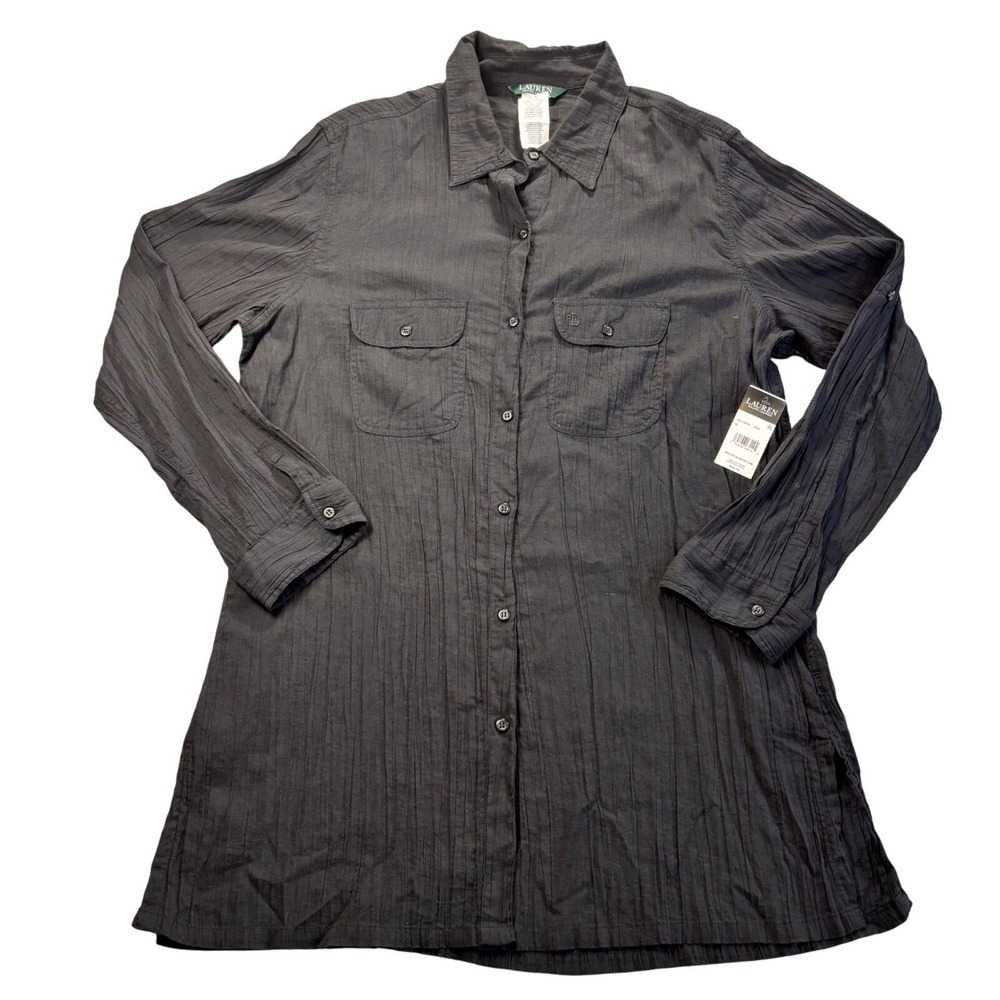 Lauren Ralph Lauren‎ Black Crinkle Cotton Blend Long Sleeve Shirt Women's L NWT